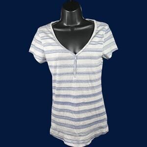 Old Navy M Minimalist Henley Tee White Blue Striped Short Sleeve Y2K Inspired